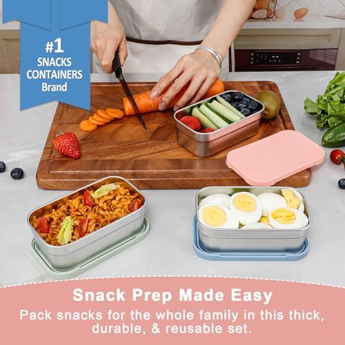 3-Pack Large Stainless Steel Snack Containers with Silicone Lids - 15oz Reusable Small Food Storage Deli Containers for Snacks & Meal Prep, Leak-Proof, Easy Open & BPA-Free (440ML)