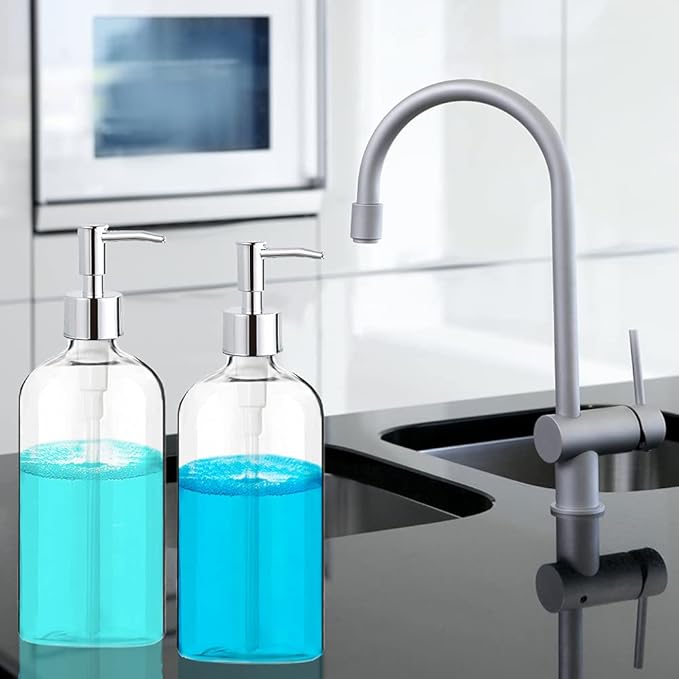 Clear Soap Dispenser with Rust Proof Pump, Waterproof Labels (2 Pack,16 Oz), Plastic Hand Soap Dish Soap Dispenser for Kitchen Bathroom