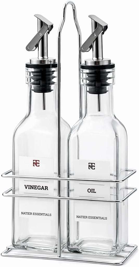 6 Oz Oil and Vinegar Bottle Cruet Set with Wire Caddy – 2 Pack Glass Dispenser Bottles (Stainless Steel Spout)