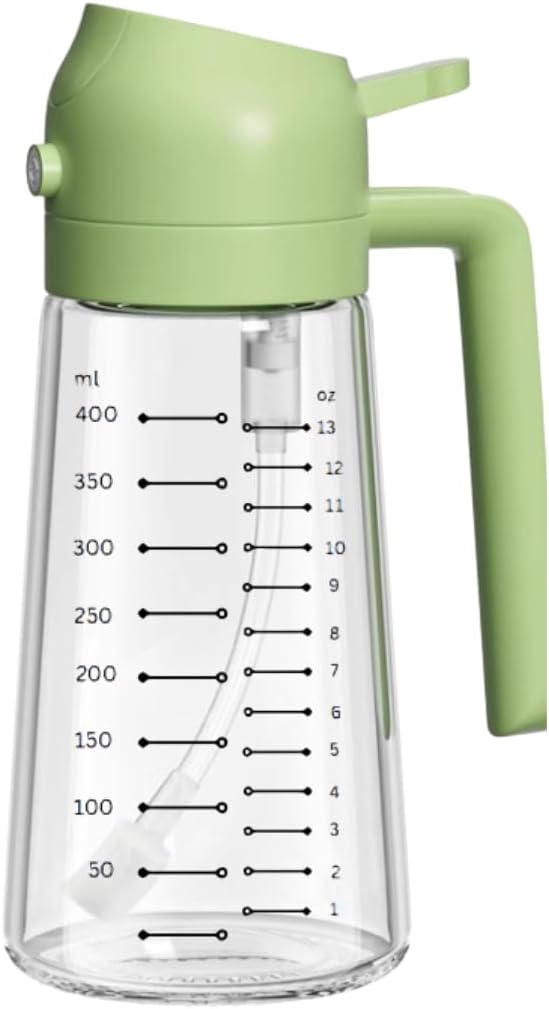 M2OA Glass Oil Sprayer with Dual Function, Green, 16oz/470ml, Premium BPA-Free Oil Dispenser Bottle for Cooking, Scales to keep track of measure, Salad, BBQ (Green)