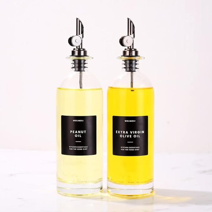 Molimoli Oil and Vinegar Dispenser with Metal Pour Spout, Weighted Pourer, Glass Bottle Dispenser for Kitchen, Olive Oil Cruet, Glass Olive Oil Bottle | 500ml, Set of 2