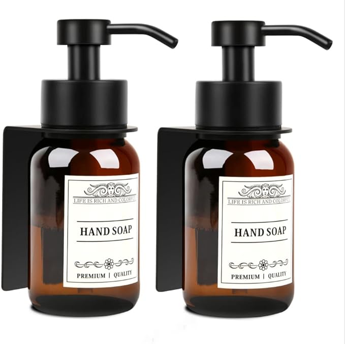 8.5oz Glass Soap Dispenser 2 Pack - Shampoo,Conditioner and Dish Soap Dispenser with Pump,Wall Mount Holder and Waterproof Labels for Kitchen and Bathroom (Brown)