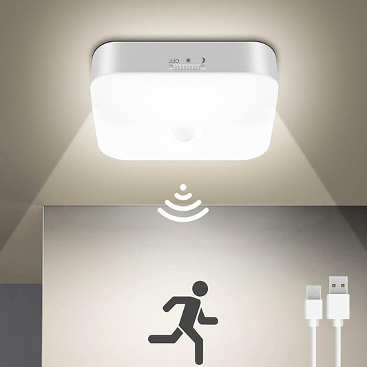 WhitePoplar Rechargeable Motion Sensor Closet Light, Rechargeable Battery Operated Ceiling Light Wireless, 500LM Wireless Motion Activated Light for Shower Stairs Hallway Pantry Porch Garage, 5000K