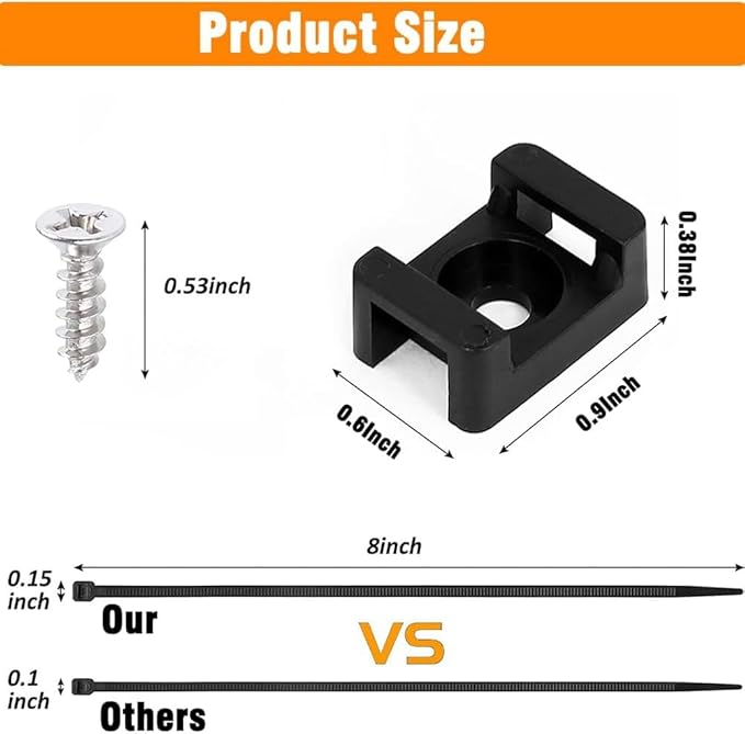 Cable Zip Tie Mounts Kit-100 Pcs Cable Zip Tie Saddle Type Mounts Base with 100 Pcs 8" Cable Ties and 100 Pcs Tapping Screw, Wire Cable Clips Organizer Holders Clamps