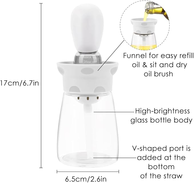 TINMIX Oil Dispenser with Brush - 2 Pack 2022 Glass Olive Oil Dispenser Bottle for Kitchen with Silicone Basting Brush BBQ Grilling Baking Cooking, T-OB22, Grey+White