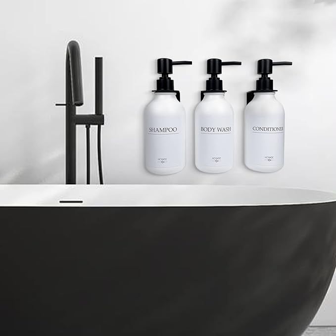 Shampoo Dispenser for Shower Wall, Shampoo and Conditioner Dispenser with 16 Waterproof Labels, No Drill Shower Soap Dispenser Bathroom, Shower Soap Dispenser Wall Mounted,17oz, 3 Pack, Black White