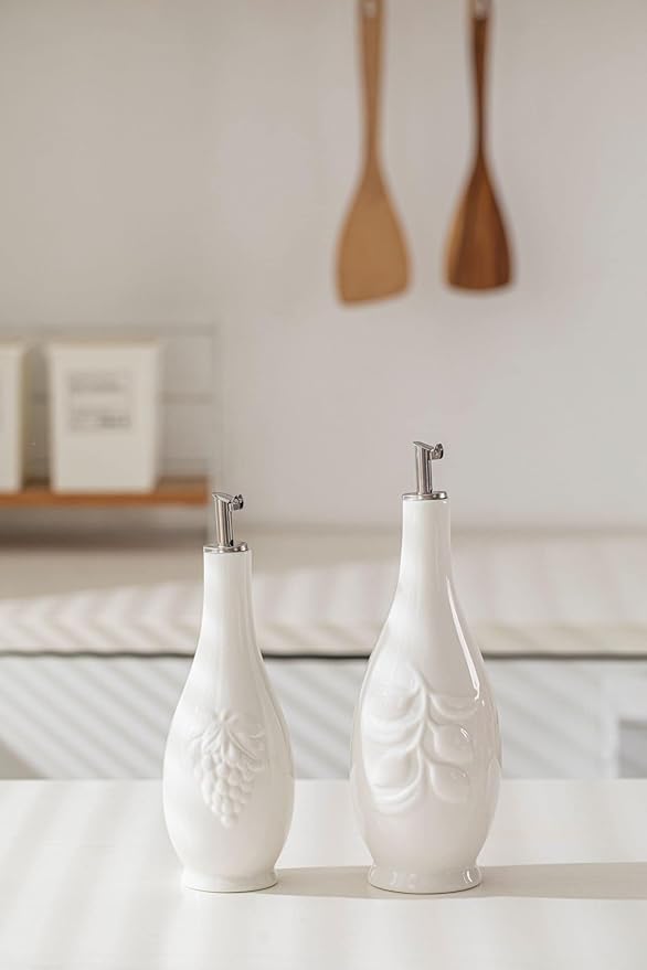 HOMBENE Porcelain Oil and Vinegar Dispenser Set, 16 oz Olive Oil Dispenser Bottle for Kitchen, Ceramic Cooking Oil Container, Oil Cruet w/Funnel, Dripless Spout, 480ml, 2 Pack