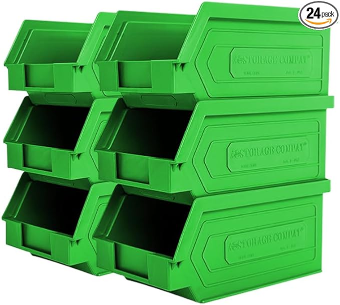 Plastic Storage Bins, Hanging, Stackable, Storage Organizer Bin for Warehouses, Workshops 7-Inch x 4-Inch x 3-Inch (Green, 6-Pack)