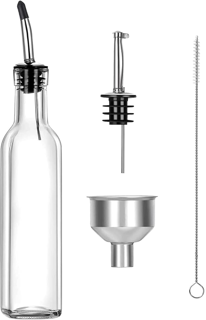 Gusnilo Olive Oil Dispenser 8 Oz, Oil Vinegar Cruet, Square Tall Glass Bottle W/Stainless Steel Pourer Spout & Stainless Steel Funnel SET OF 250 ML