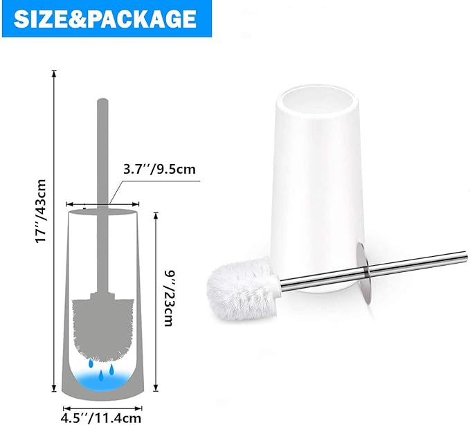 Toilet Brush and Holder, Toilet Brush with 304 Stainless Steel Long Handle, Toilet Bowl Brush for Bathroom Toilet-Elegant-Cleaning-Bristles(White)