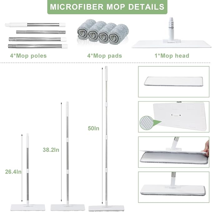 CQT Self-Wringing Mop and Bucket Set for Home Long Handle Flat Mop with 4 Washable Microfiber Pads