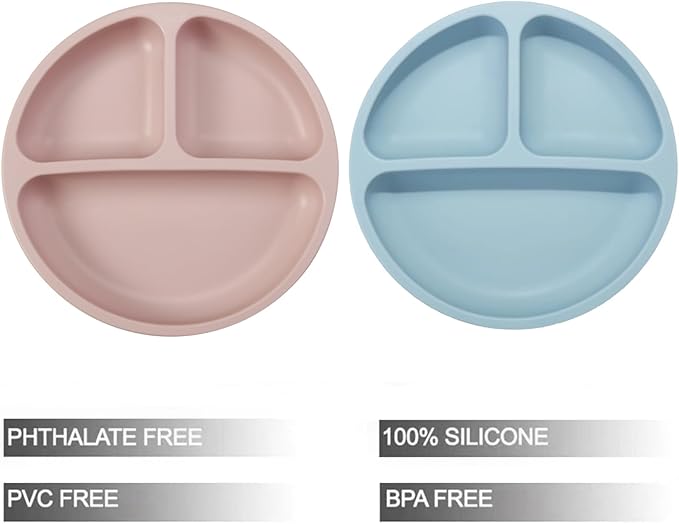 PandaEar Baby Feeding Set| 2 Pack Silicone Divided Suction Plate, 2 Set Toddler Spoons & Forks| Baby Led Weaning Supplies Self Feeding Eating Utensils (Blue & Pink)