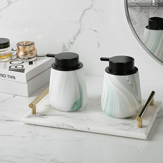 12Oz Foam Hand Soap Dispenser - Modern Ceramic Foaming Soap Dispenser with Easy-to-Press Pump, Reusable and Refillable Liquid Dish Soap Dispensers for Bathroom & Kitchen, Marble Green