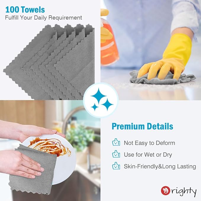 Orighty Grey Microfiber Cleaning Cloth, 100 Pack Highly Absorbent Cleaning Supplies, Lint Free Kitchen Towels Cleaning Rags, Microfiber Towels for Cars, House, Window, 12x12 inch