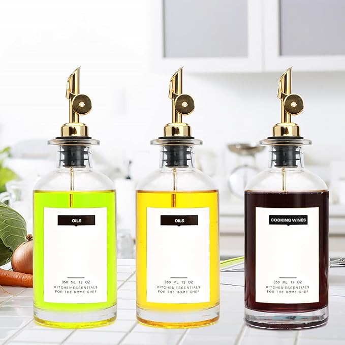 Salzesfalls 12 oz Olive Oil Dispenser Bottle for Kitchen - Elegant Glass Set of 2 With Pour Spout for Coffee Syrup, Vinegar