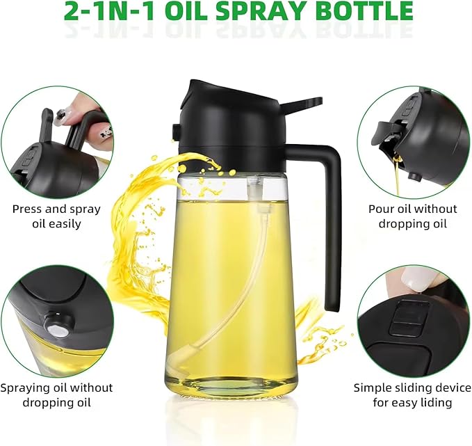 16 oz Glass Oil Sprayer for Cooking, Refillable Oil Bottle for Kitchen with Silicone Brush and Cleaning Brush, Leak Proof Fine Mist Dispenser, Black