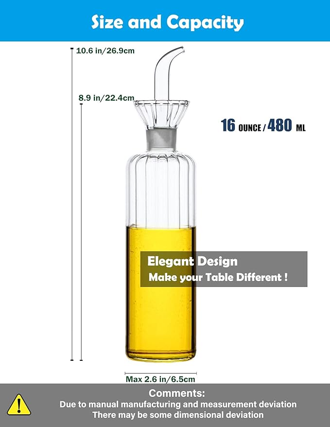 HAIZEEN 16 oz/480ml Non-Drip Olive Oil Dispenser Bottle 100% Glass Oil Carafe Decanter for Kitchen Oil & Vinegar Cruet for Cooking & BBQ