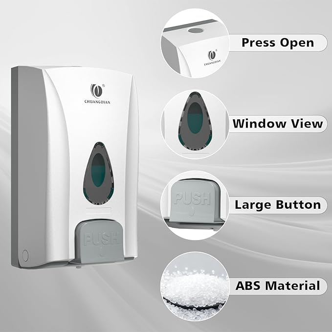Hand Soap Dispenser Wall Mount No Drill 33.8oz/1000ml Manual Liquid Soap Dispenser Bathroom Large Capacity Commercial Shower Dispenser No Drill Restaurants Home Office, White