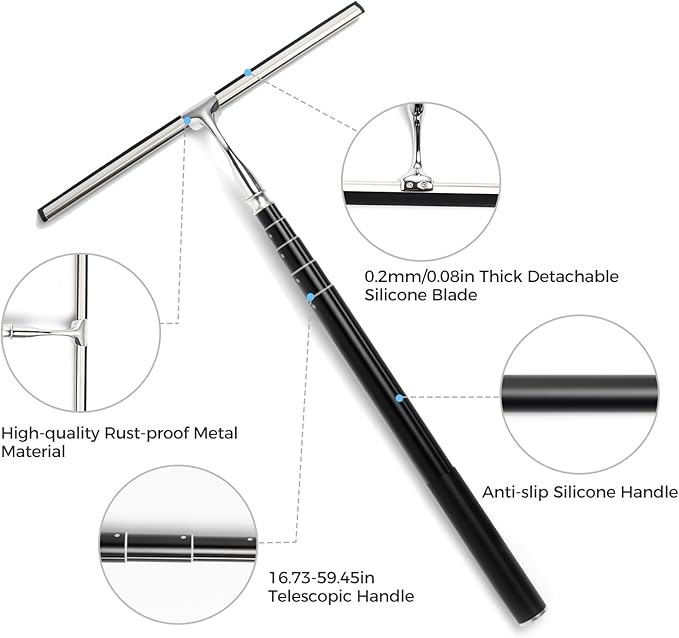 16.7“- 59.5" Long Handle Window Squeegee with Extension Pole, 12.4" Wide Metal Shower Squeegee for Glass Doors