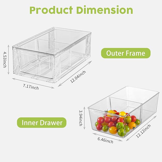 Plastic Drawers Storage, 6Pack Clear Stackable Storage Drawers, Acrylic Storage Bins with Drawers for Fridge Organizers, PlasticDrawers Stackable for Makeup Organizers Cosmetic Display, Medium