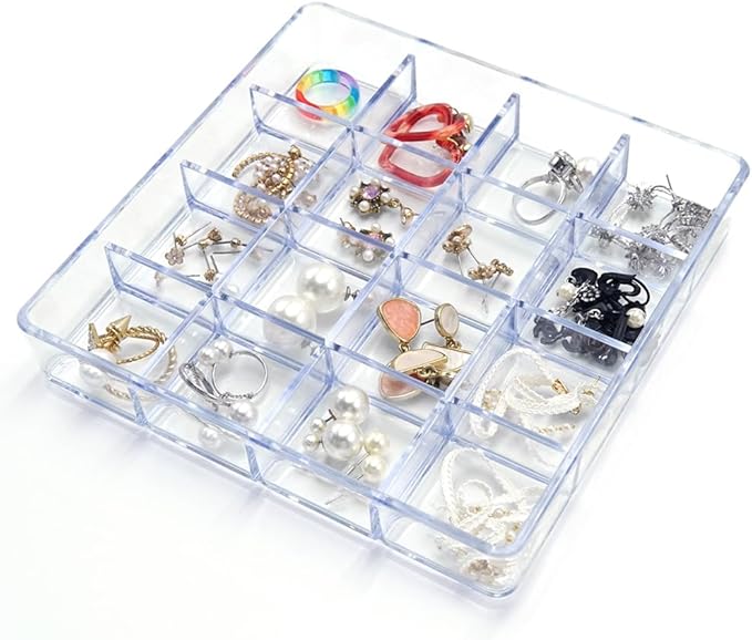 carrotez Small Stackable Jewelry Organizer Tray, 16 Grid, Clear Plastic Drawer Organizer for Makeup, Accessories, Desk, Vanity