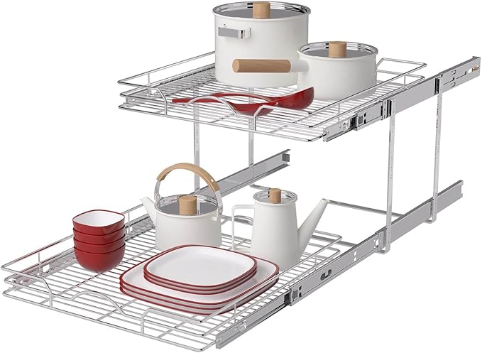 OCG 2 Tier Pull Out Cabinet Organizer (21.5" W x 21" D), Pull Out Drawers for Kitchen Cabinets, Pull Out Shelves for Base Cabinet Organization in Kitchen Bathroom Pantry, Chrome Finish