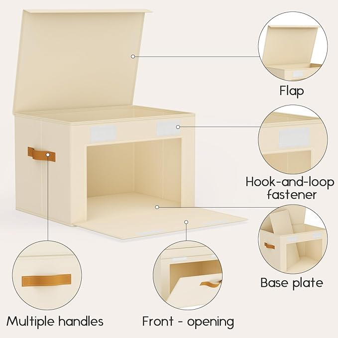 Homsorout Large Storage Bins with Lids - Front Opening Fabric Storage Bins, Flap Closet Organizer with Handles, Collapsible Boxes with Lid, Decorative Basket for Home, Dorm, 4 Pack, Beige