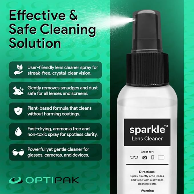 Sparkle Anti-Reflective Lens Cleaner Spray kit | (1) 2oz Glasses Cleaner Spray + (1) Microfiber Cloth for Eyeglasses, Sunglasses, Lenses
