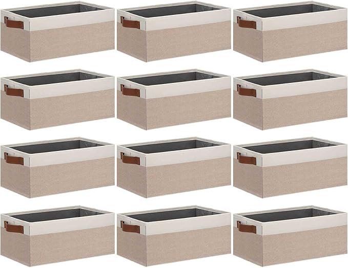 GhvyenntteS Small Fabric Storage Bins 12 Pack, 11.8" x 7.87" x 5.11" Storage Basket with Leather Handles, Closet Storage Bins for Shelves, Storage Baskets for Shelves, DVD Storage (Pink/White)