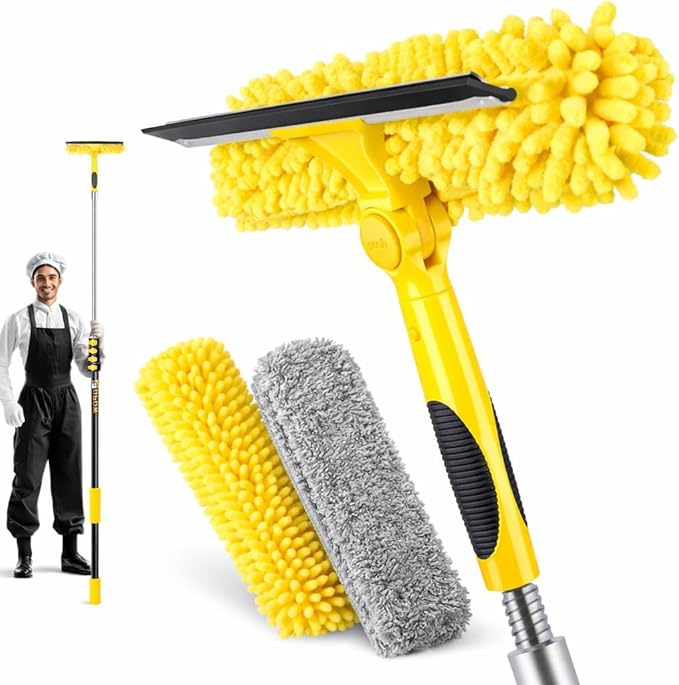 30FT High Reach Window Squeegee with Extension Pole, 2 in 1 Window Washing Kit with 6-Stage Telescopic Pole & Rotatable Head