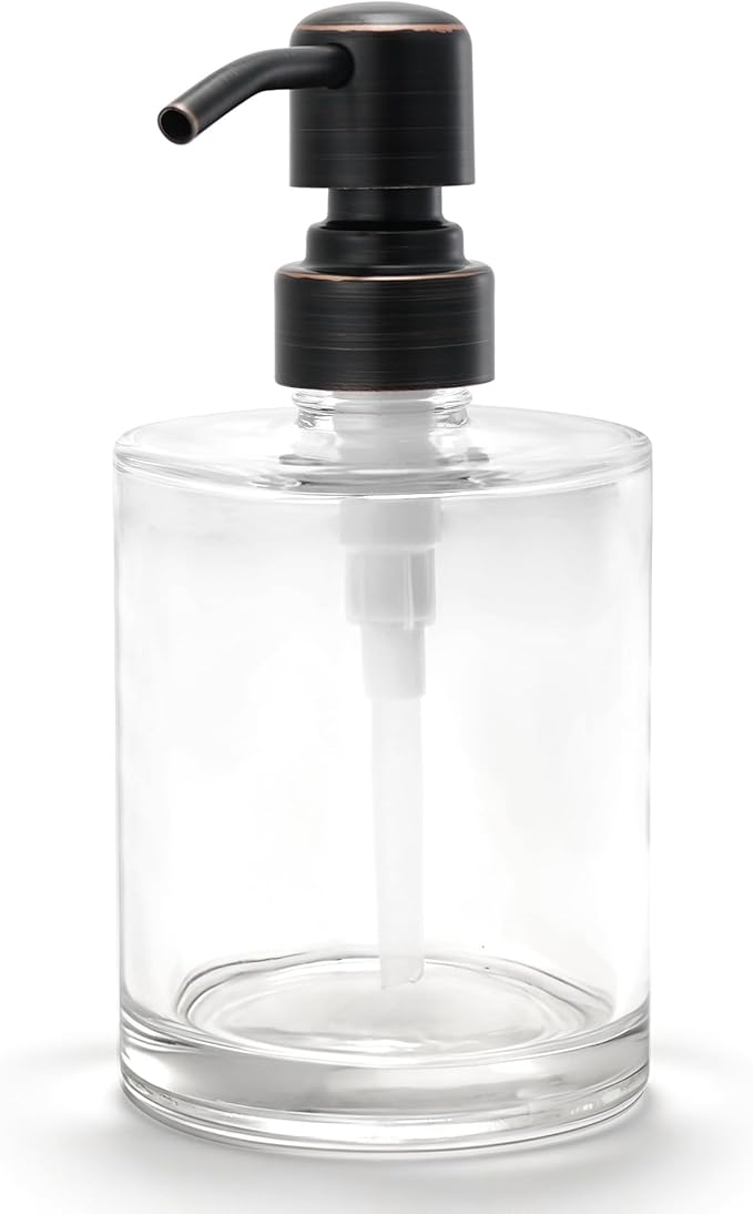 Bathroom Soap Dispenser Glass with Oil Rubbed Bronze Pump, 11 OZ Clear Cylinder Bottle with Stainless Steel Pump Refillable Liquid Hand Soap Dispenser for Kitchen Countertop