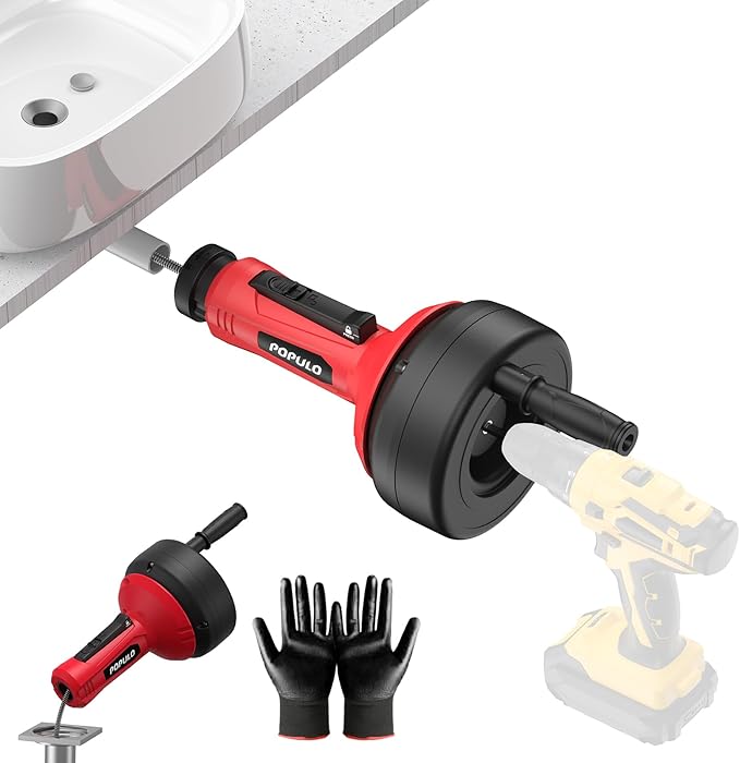 POPULO Auto-Feed 17FT Drain Snake Auger for 3/4"-2" Pipe, Plumbing Snake Drain Auger with Drill Adapter, Sink Snake Drain Hair Remover for Kitchen