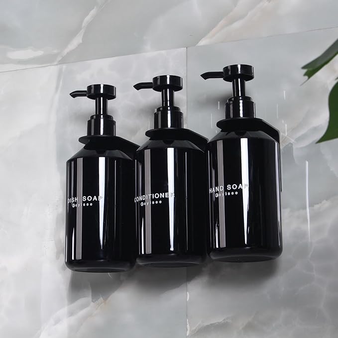 3-Chamber Shampoo & Conditioner Dispenser - Wall-Mounted Soap Dispenser Plastic Bottles with 4CC Pumps, No Drill Installation, Refillable for Bathroom, RV, Commercial Use Black