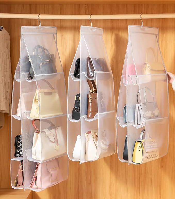 AARAINBOW Hanging Handbag Organizer for Closet, 8-Pocket Purse Storage Holder, Space-Saving Wardrobe Organizer for Women, 44.5"L x 13.5"W (A-White)