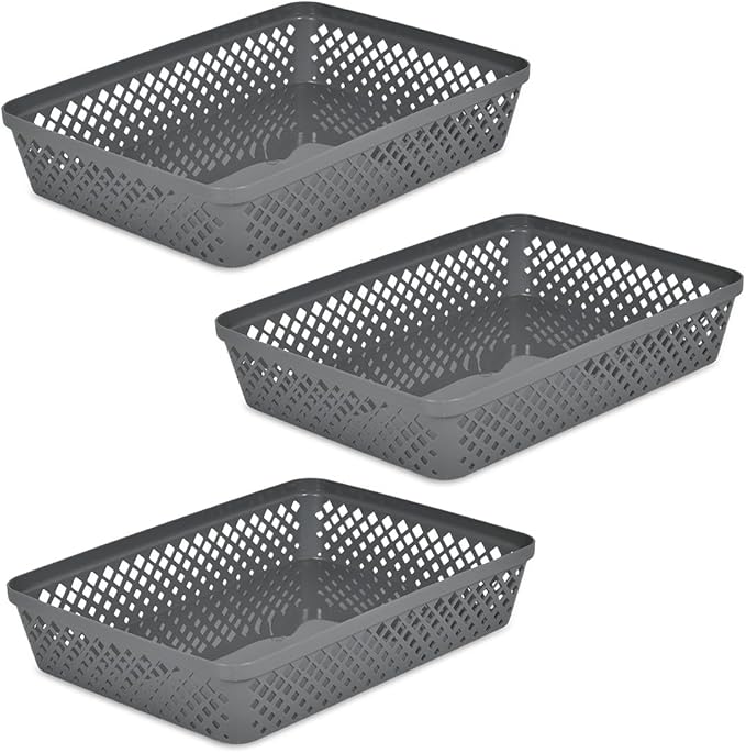 Glad Plastic Storage Basket Set - Multipurpose Drawer Trays, Kitchen Pantry Containers, and Bathroom Bins - 3 Pack Large Organizers, Grey