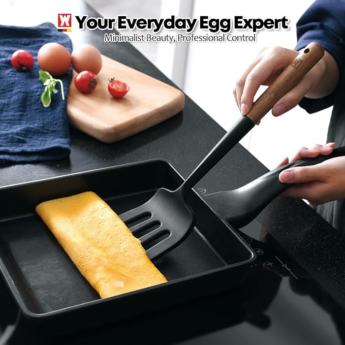 Silicone Head cooking & Serving Spoon + Slotted Spatula Set: Cookling Utensil with Long Wooden Handles, Heat Resistant Cookware, Protects Surfaces with Gentle Head Design