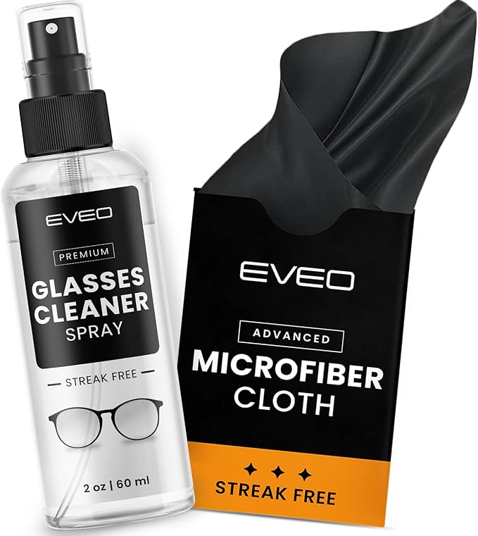 EVEO Glasses Cleaner Spray - Eyeglass Cleaner (No Streaks)| Eye Glass Cleaners Spray + Lens Cleaner Microfiber Cleaning Cloth