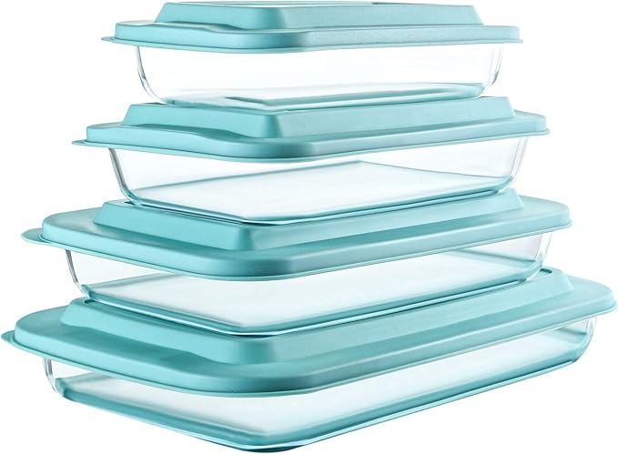 8-Piece Deep Glass Baking Dish Set with Plastic lids,Rectangular Glass Bakeware Set with Lids, Baking Pans for Lasagna, Leftovers, Cooking, Kitchen, Freezer-to-Oven and Dishwasher, Green