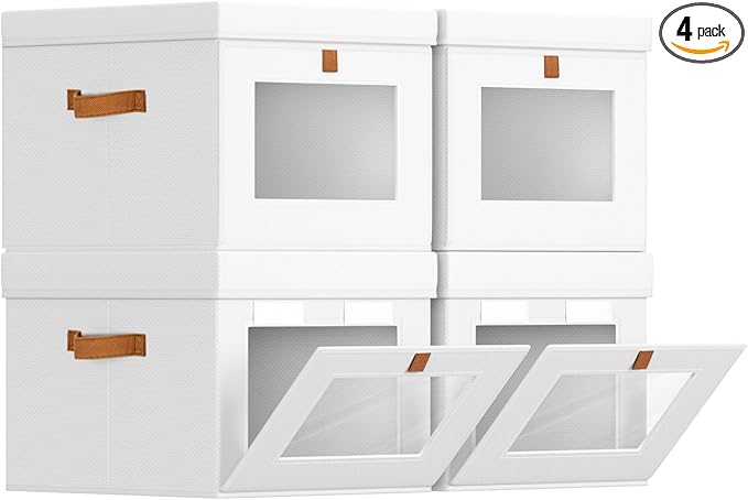 Homsorout Storage Bins with Lid – Closet Organizer with Side Opening and Clear Window, Foldable Stackable Fabric Basket for Clothes, Home, Office - 13.77" x 11.8" x 9.8", 4 Pack, White