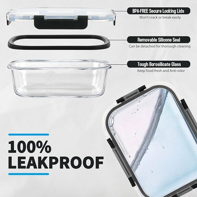 AMALEKO 42pcs Glass Food Storage Containers with Snap Locking Lids Set, Glass Meal Prep Containers (21 Container & 21 Lids)