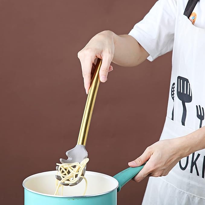 Gold Spaghetti Spoon, Berglander Non-stick Silicone Pasta Server With Titanium Gold Plating Handle, Spaghetti Server For Cooking, Pasta Fork, Noddle Fork, Dishwasher Safe, Easy to Clean