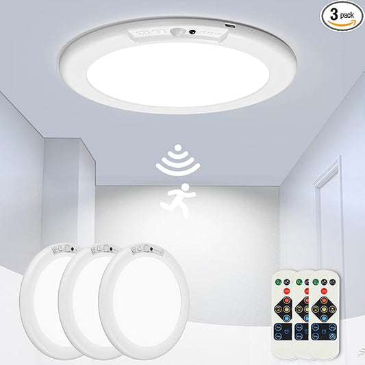 3 Pack Rechargeable Motion Sensor Ceiling Light, Wireless Ceiling Lights Battery Operated Closet Light with Remote, 500LM 3000K/4500K/6500K, 0.55″ Ultra Thin Lights for Bathroom Hallway Pantry