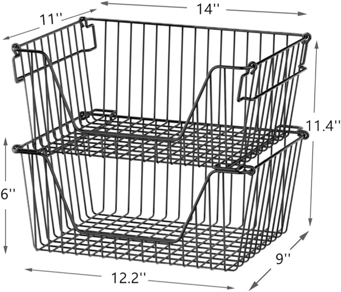 Slideep 14'' Black Stackable Storage Baskets Sturdy Metal Wire Freezer Bins Cabinet Organizer for Pantry Home Kitchen Organization- Set of 6