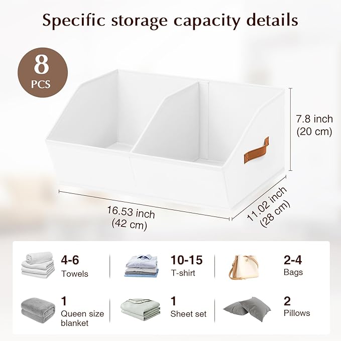 Homsorout Closet Organizers and Storage Bins - 8 Pack Collapsible Divided Trapezoidal Cube Storage Bins Baskets with Orange Handle for Organizing Clothes Blankets, Toys, Books, Towels(White)