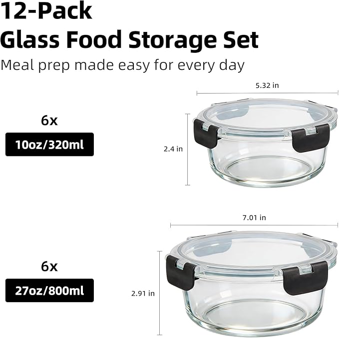 Konokyo Round Glass Food Storage Containers with Lids, 12 Pack Airtight Leakproof Meal Prep Containers, BPA-Free