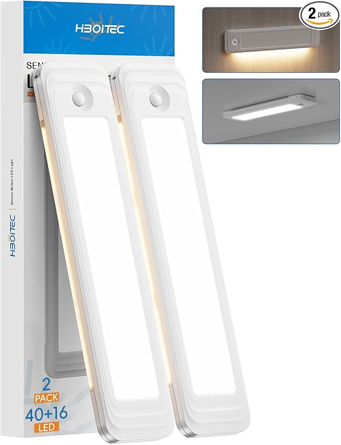 HIBOITEC Under Cabinet Lighting Motion Sensor Wireless, 56 LED Lights for Kitchen, Bedroom, Pantry, Adjustable Brightness Color Settings, Rechargeable Magnetic, 2 Pack