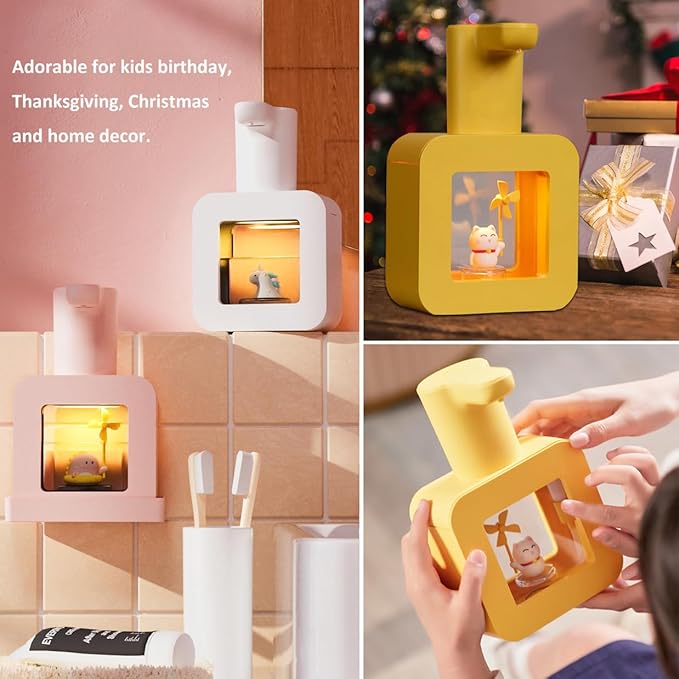 Kids Automatic Foam Dispenser - Lovely Soap Dispenser for School Bathroom Kitchen Office, Waterproof USB Rechargeable Hand-Free 13.5oz, Children Birthday Gift, Yellow Cat