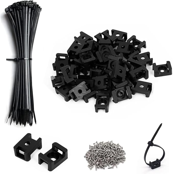 Cable Zip Tie Mounts Kit-100 Pcs Cable Zip Tie Saddle Type Mounts Base with 100 Pcs 8" Cable Ties and 100 Pcs Tapping Screw, Wire Cable Clips Organizer Holders Clamps
