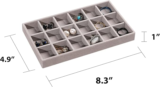 Frebeauty Jewelry Organizer Tray,Stackable Velvet Jewelry Trays,Drawer Inserts Earring Organizer For Women Jewelry Storage Display Case for Rings Stud Necklaces,Set of 6(Grey)