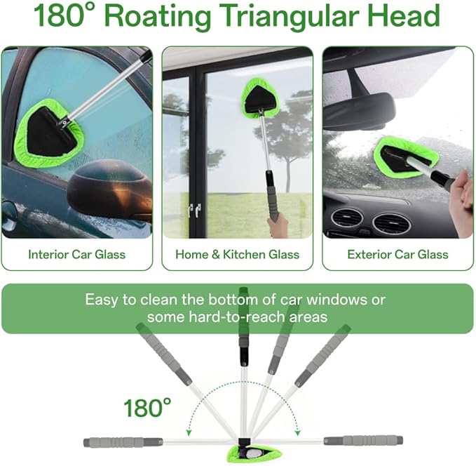 Windshield Cleaner Tool with Extendable Handle, Car Window Cleaning Kit for Inside & Outside Glass, Includes Microfiber Pads, Brush & Bottle (7 Pcs